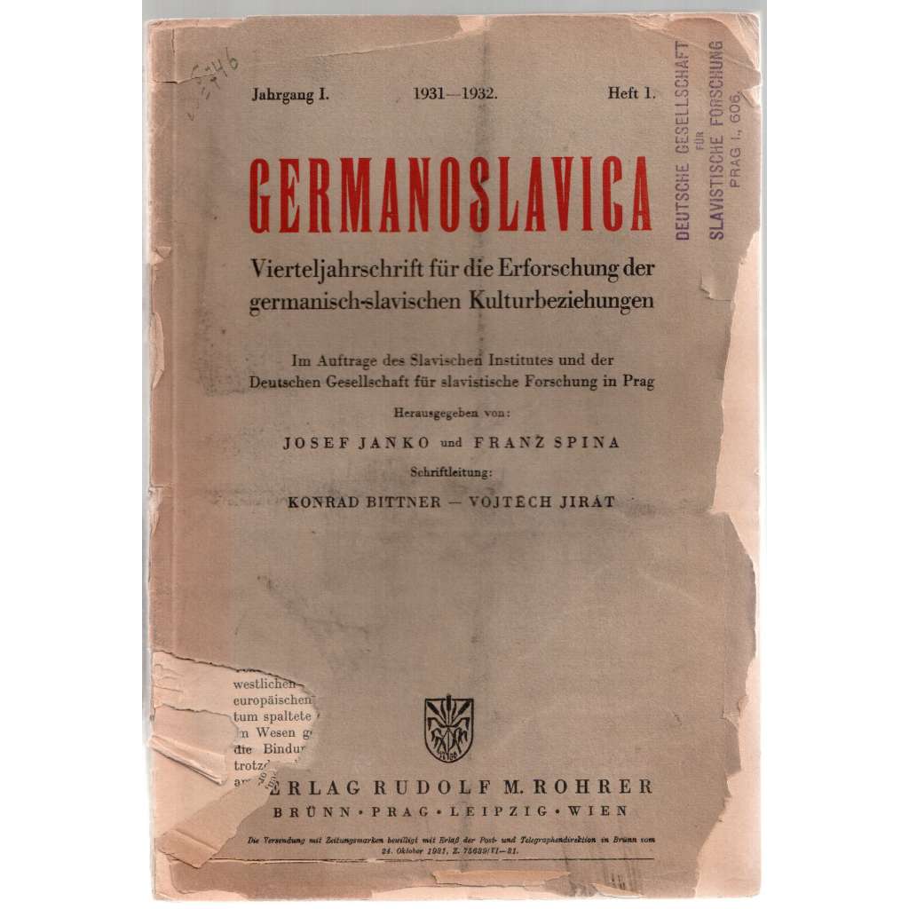 Germanoslavica. Vierteljahrschrift für die Erforschung der germanisch-slavischen Kulturbeziehungen; č. 1/1931 [germánsko-slovanské vztahy]