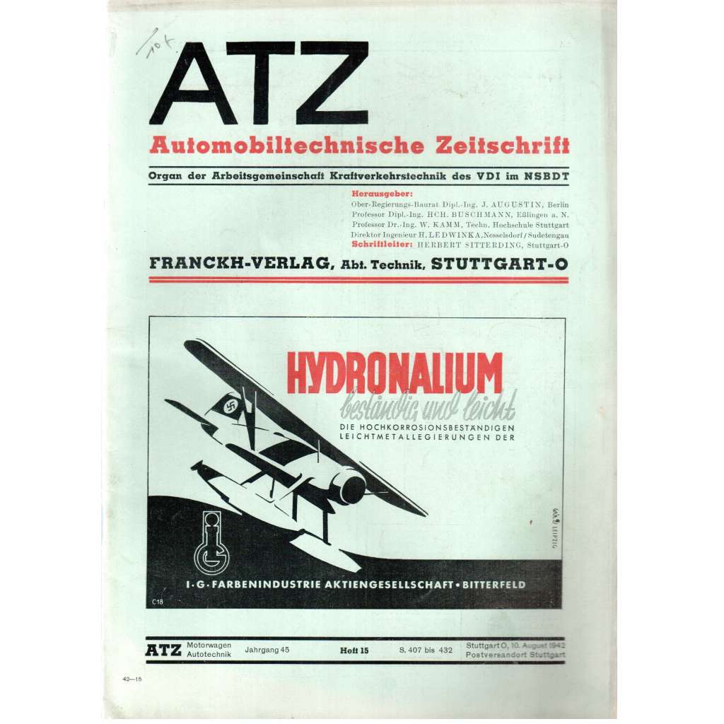 ATZ Automobiltechnische Zeitschrift [časopis pro automobilismus; ročník 45, sešit 15, srpen1942]