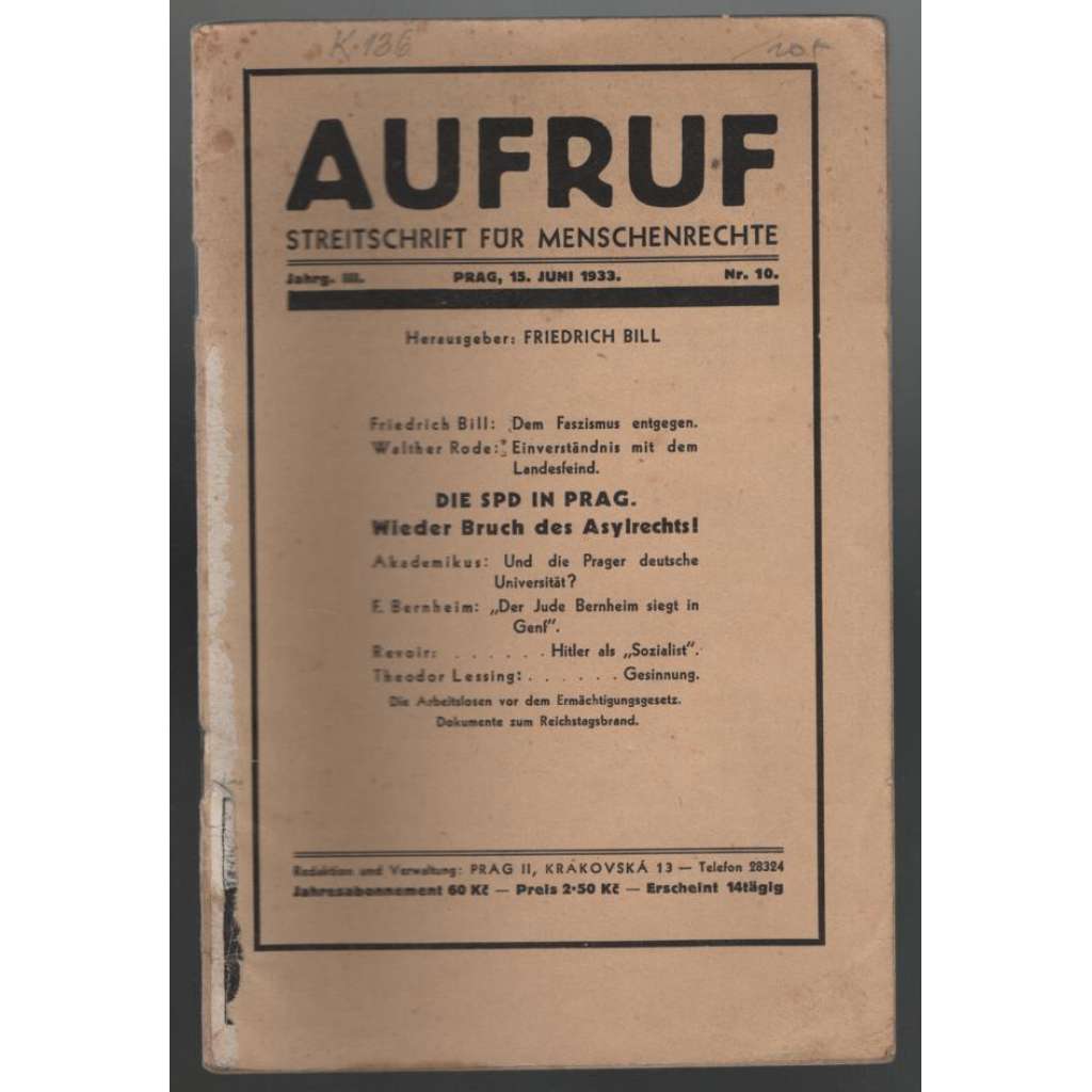 Aufruf, Streitschrift für Menschenrechte; Jahrg. III., 15. Juni 1933, Nr. 10 [časopis o politice]