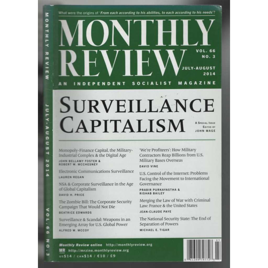 Monthly Review. An Independent Socialist Magazine; Vol. 66, No. 3, July-August 2014 [měsíčník USA]