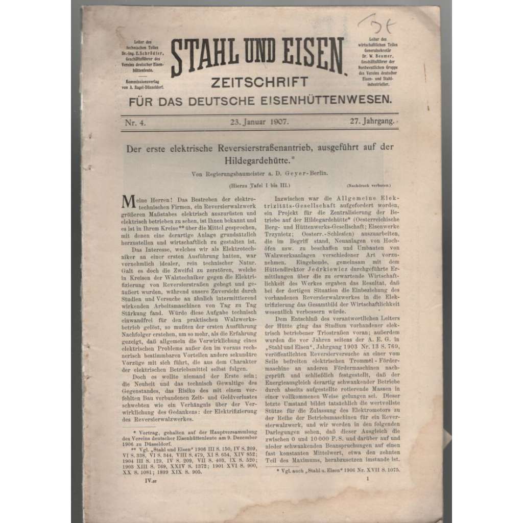 Stahl und Eisen. Zeitschrift für das deutsche Eisenhüttenwesen; Nr. 4, 23., Januar 1907, 27. Jahrgang [hutnictví]