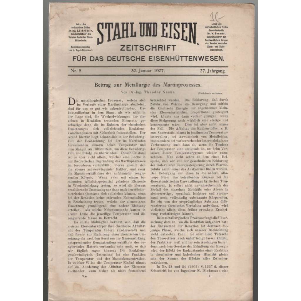 Stahl und Eisen. Zeitschrift für das deutsche Eisenhüttenwesen; Nr. 5, 30., Januar 1907, 27. Jahrgang [hutnictvíg