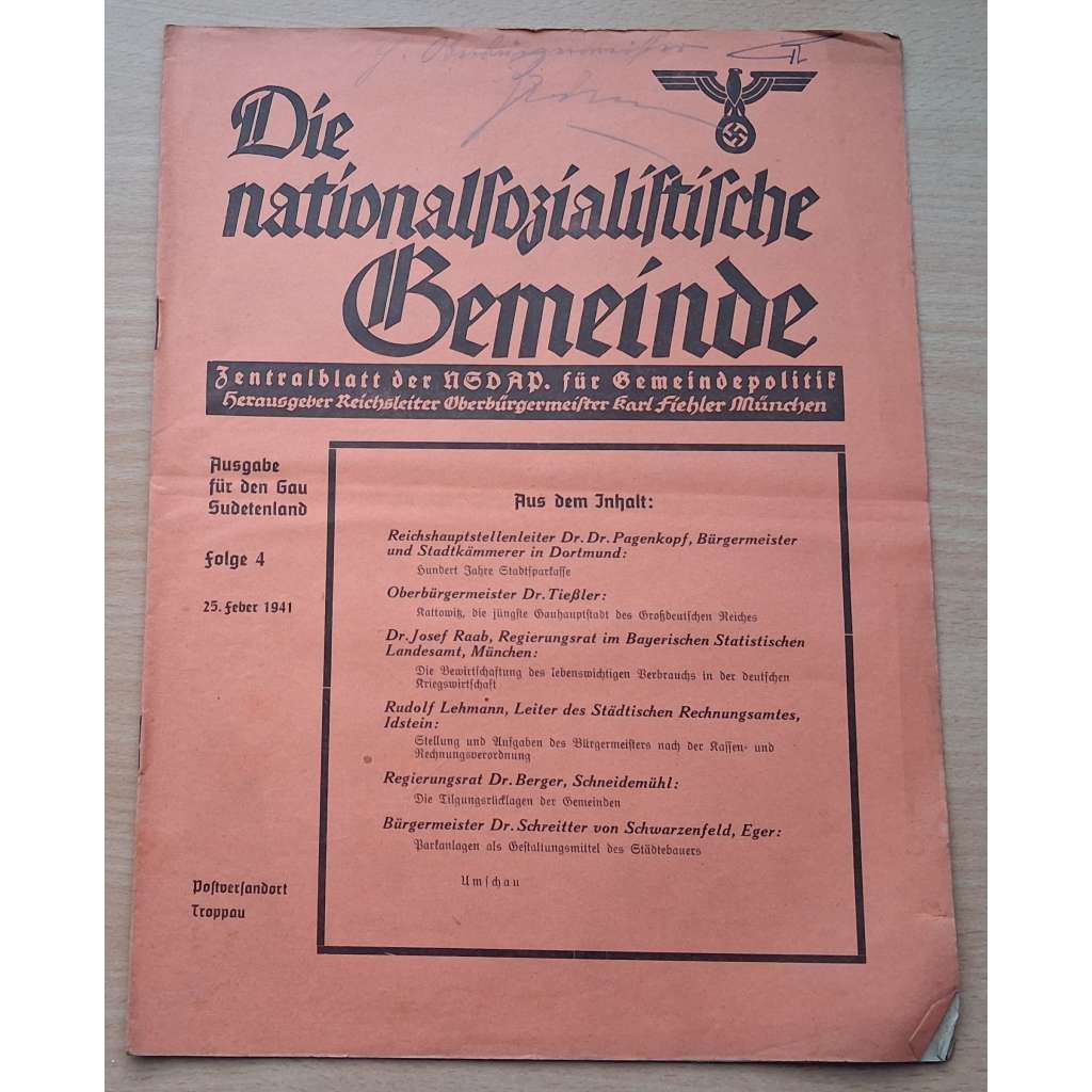 Die nationalsozialistische Gemeinde. Ausgabe für den Gau Sudentenland; 9. Jahrg., Folge 4+7-22 [německý nacistický časopis]