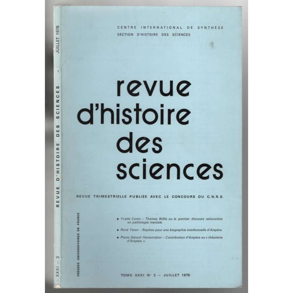 Revue d´histoire des sciences; Tome XXXI - No 3 - Juillet 1978 [francouzský vědecký časopis]