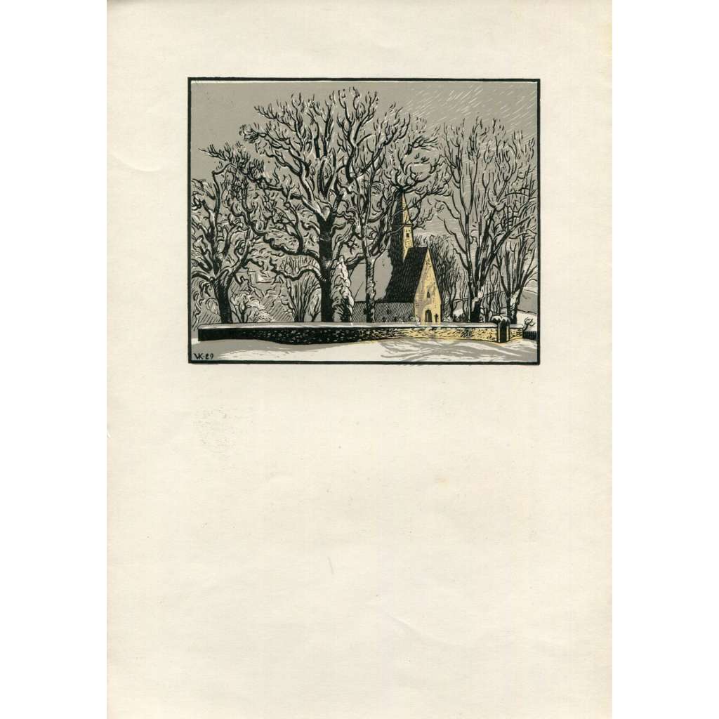 Kostelík v Nudvojovicích u Turnova (Nudvojovice) dřevoryt Karel Vik (1883-1962)