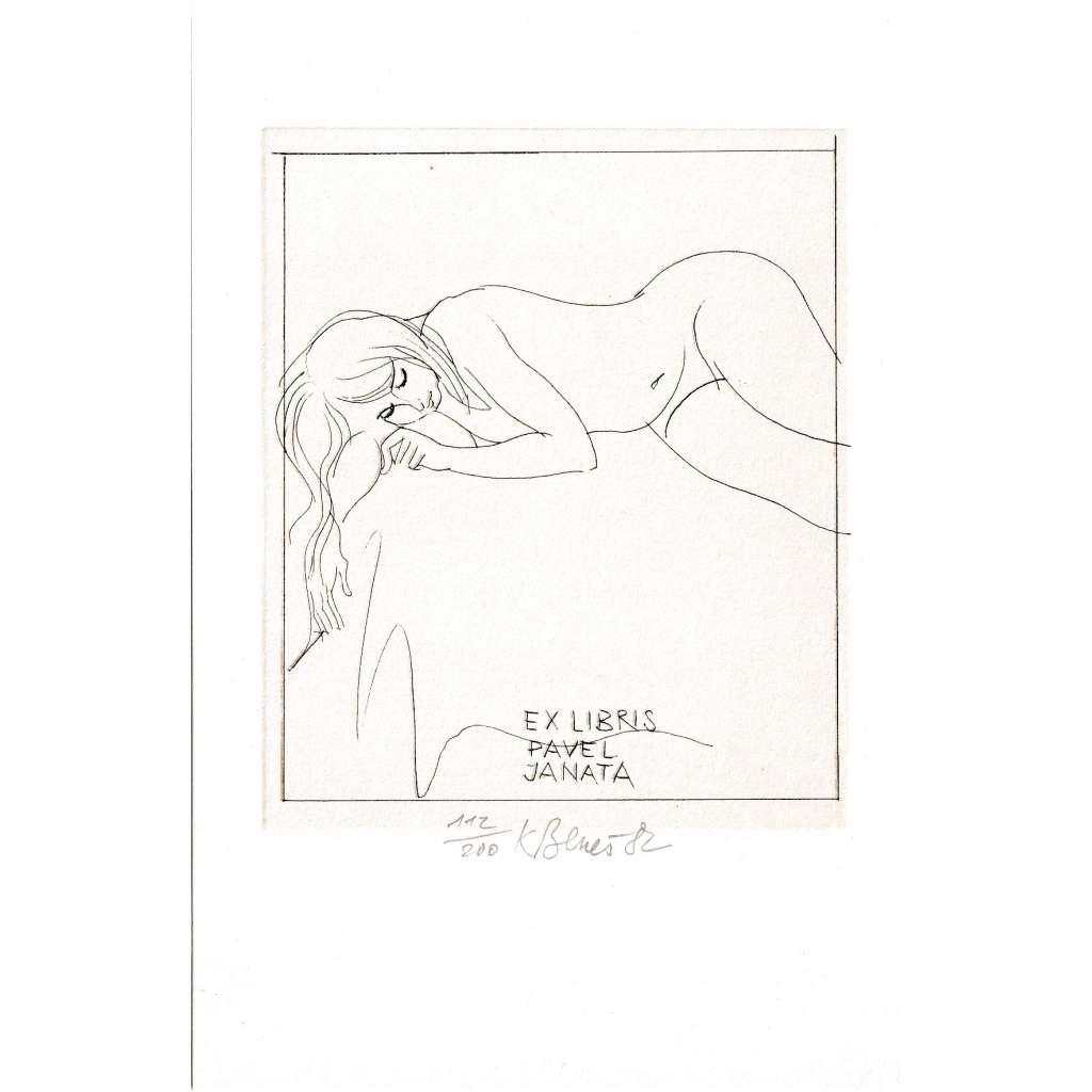 Karel Beneš – Ex libris erotické (dívčí akt) kamenorytina podpis
