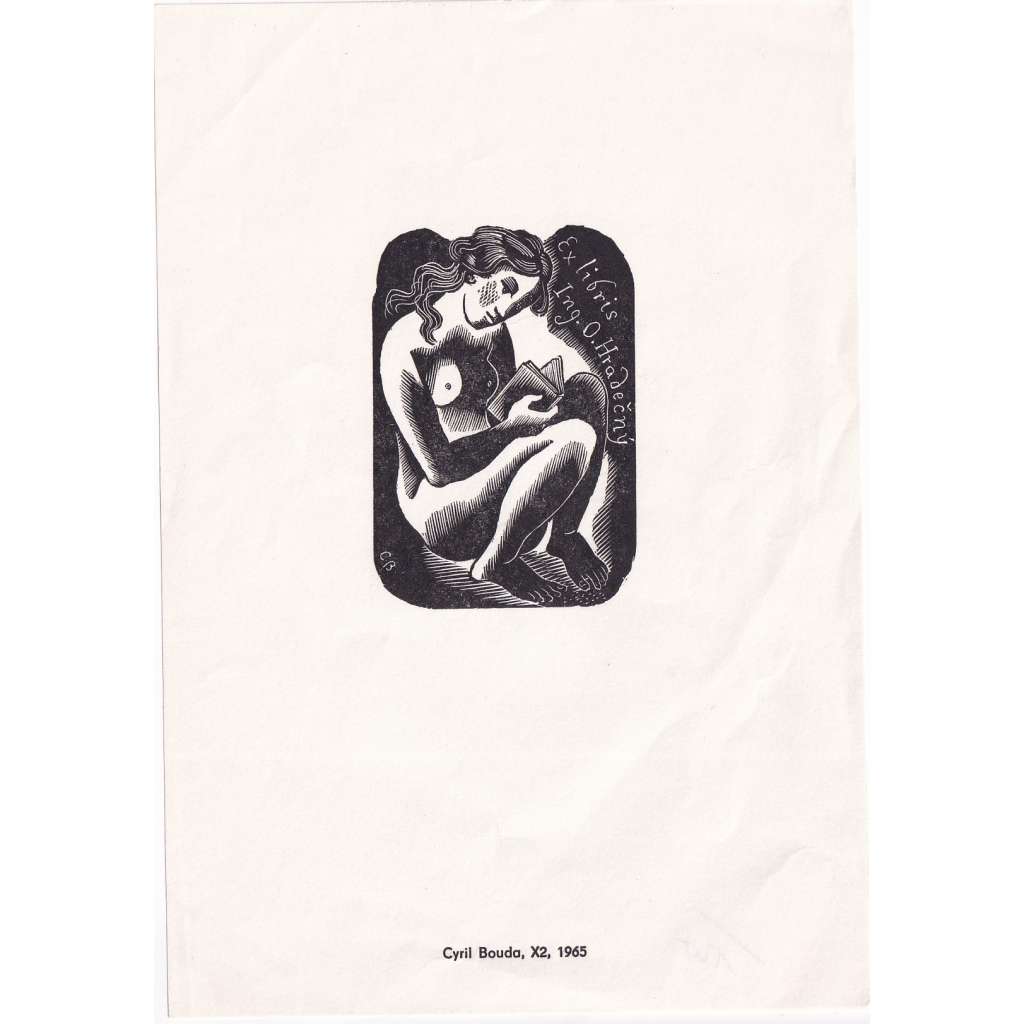 Cyril Bouda – Ex libris erotické, O. Hradečný (dívčí akt, erotika) dřevoryt