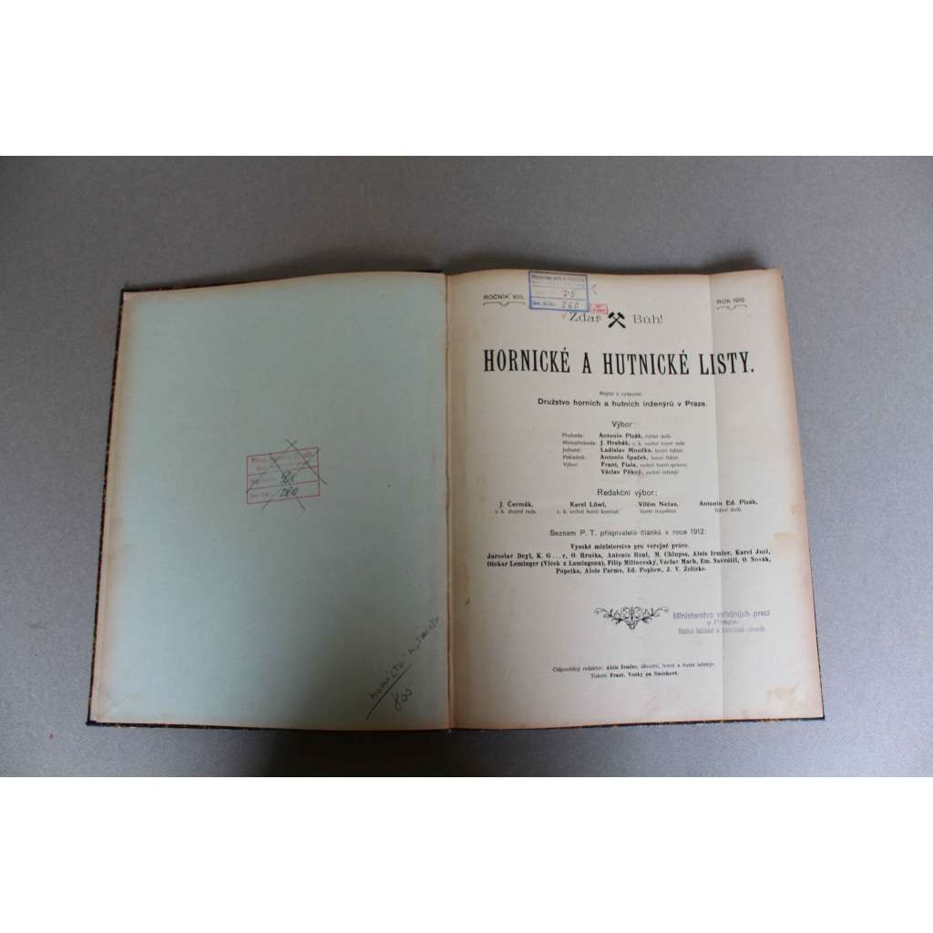 Hornické a hutnické listy 1912, roč. XIII. (časopis, měsíčník, hutnictví, mj. M. Curie - Radiace těles rektroaktivních; Hornictví v Bosně a Hercegovině; Topení parního kotle plynem; Důlní lampa elektrická, Bílé i černé uhlí v budoucnosti Rakouska)