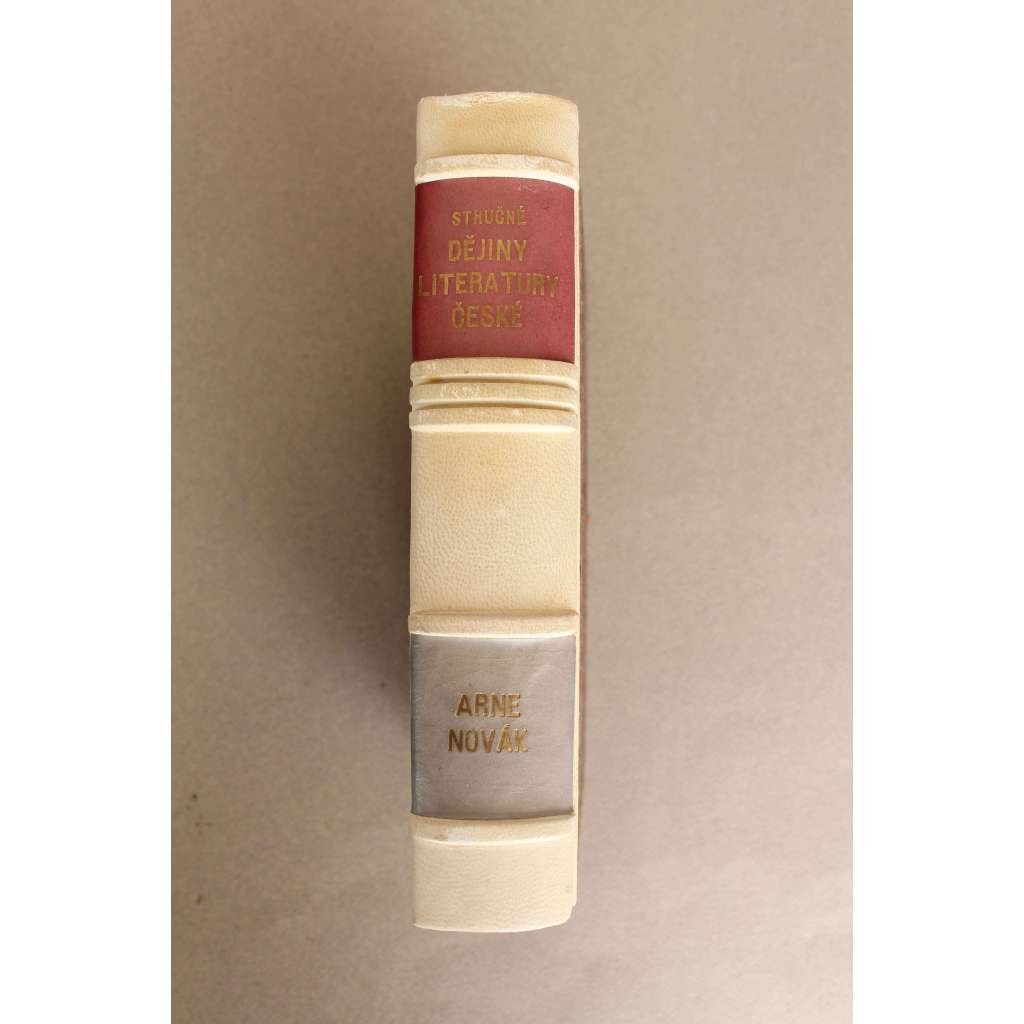 Stručné dějiny literatury české (literární věda, historie, mj. Období husitské, Období pobělehorského baroka, LIteratura národního obrození, Klasicismus, Romantismus, Vrchlický, K. H. Mácha, Němcová, Neruda; polokožená vazba - vazba kůže)