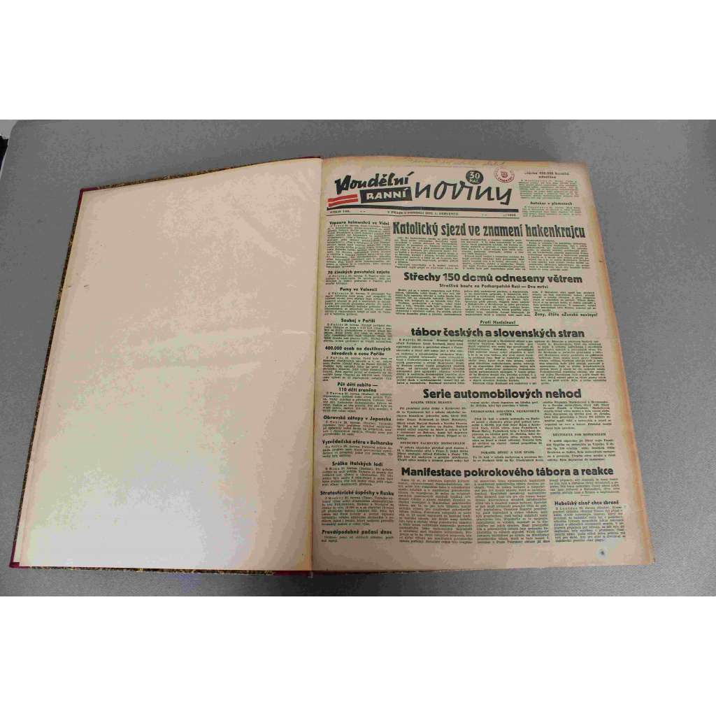 Ranní noviny 1935 (červenec-září) (noviny, deník, první republika, mj. Pravá tvář Henleinovců, Vojenská stráž u prachárny v Berouně přepadena, Válka je blízká, praví habešský císař, Nová revoluce v Řecku?)
