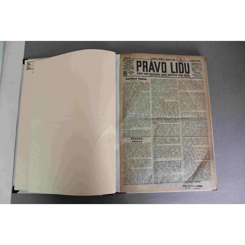 Právo lidu 1923, ročník XXXII (duben) (noviny, deník, první republika, sociální demokracie mj. Krveprolití v Essenu, O Marxovi a náboženství, Rusko a Maďarsko, Teorie inflace, Mussolini)