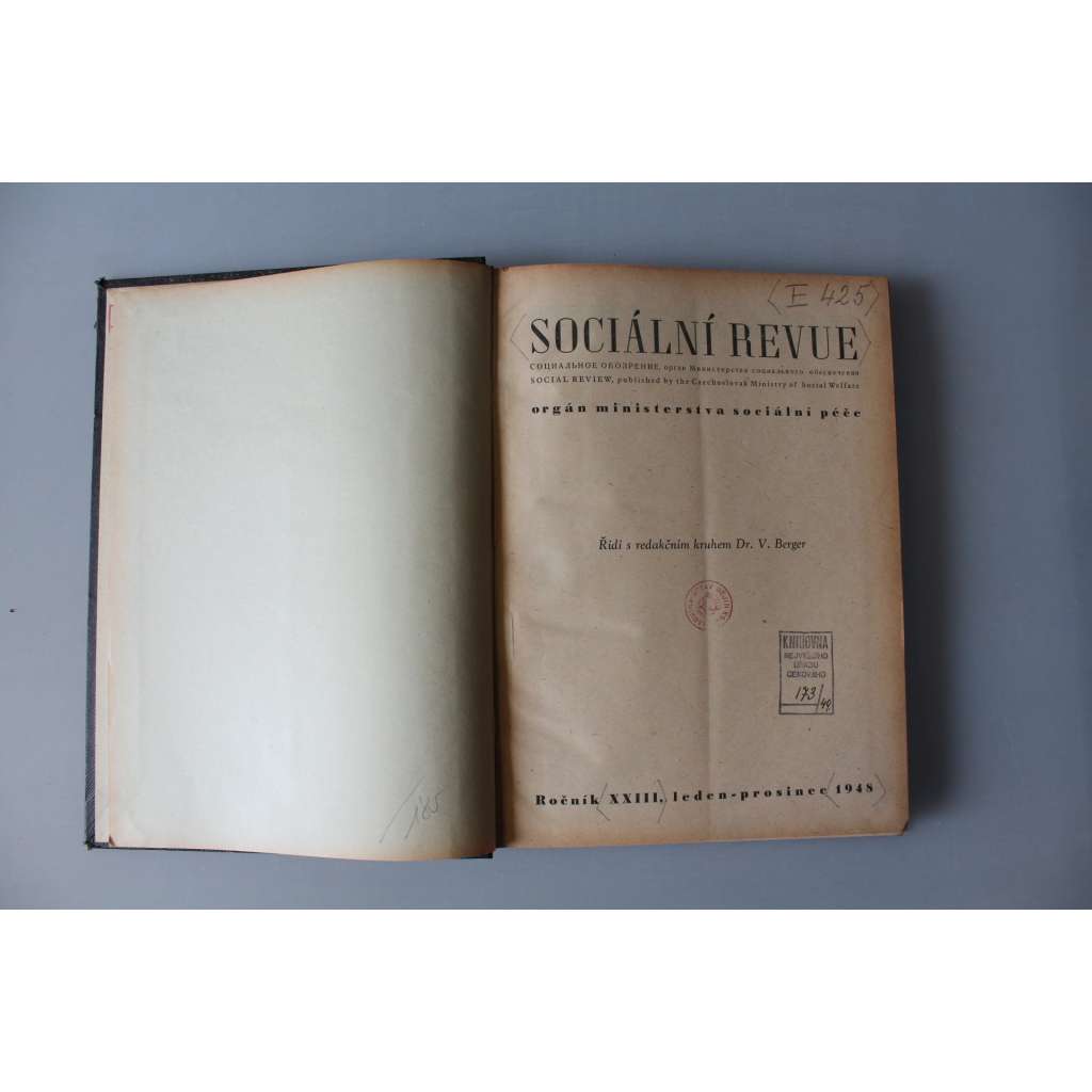 Sociální revue 1948, roč. XXIII (leden-prosinec) (časopis, mj. Bytová péče, Mzdy, Národní pojištění, Péče o mládež, Pracovní právo, Reemigrace, Z. Nejedlý)