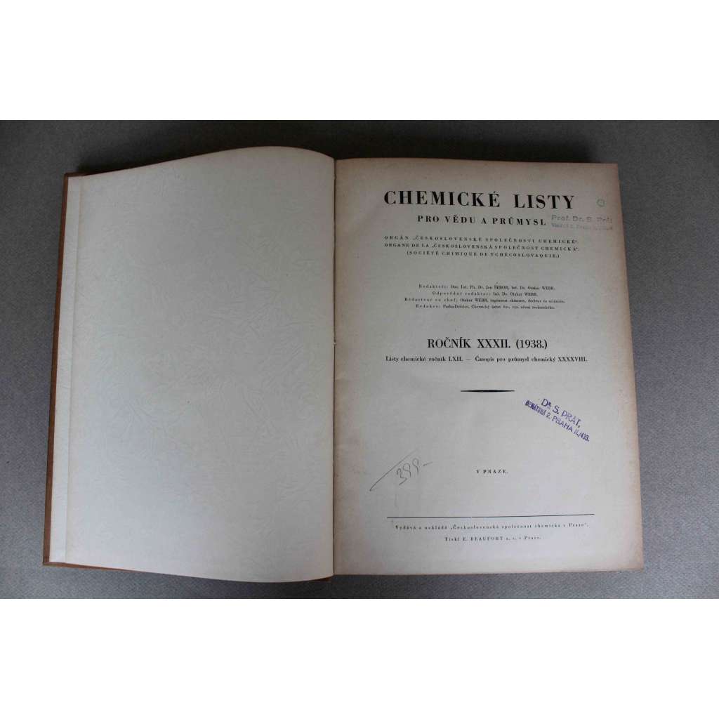 Chemické listy pro vědu a průmysl 1938. roč. 32 (časopis, chemie, mj. Odsíření v Martinově peci, Specifický důkaz rtuti na hliníku, Umělé vlákniny, Chemie v Itálii, Usměrněná kvašení)