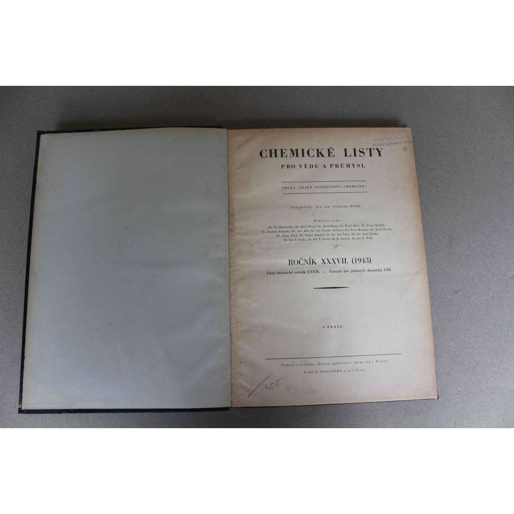 Chemické listy pro vědu a průmysl 1943. roč. 37 (časopis, chemie, mj. O. Wichterle - Přeměna chloridů vinylového typu na ketony; Chromatografie a její použití v biochemii, Efedrin a jeho deriváty, Atmosféra planety Venuše, Něco o biogenních aminech)