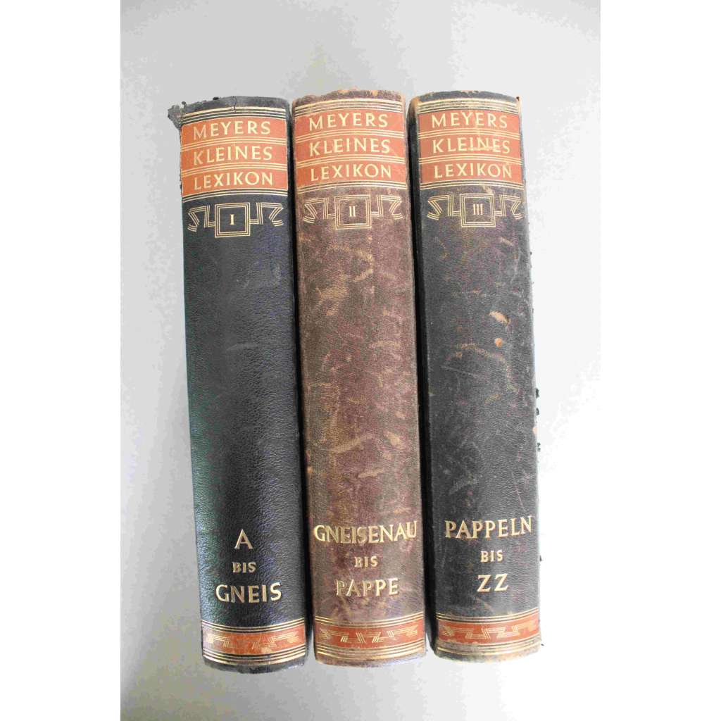 Meyers kleines Lexikon 3 svazky (A-Gneis, Gneisenau-Pappe, Pappeln-ZZ; slovník, encyklopedie; polokožená vazba - vazba kůže)