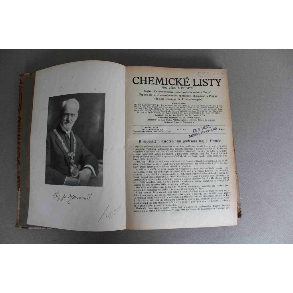 Chemické listy pro vědu a průmysl 1932. roč. 26 (časopis, chemie, mj. XII. Kongres průmyslové chemie, O výchově chemika ve Spojených státech, Značení potrubí, O dvou soubytných fázích)