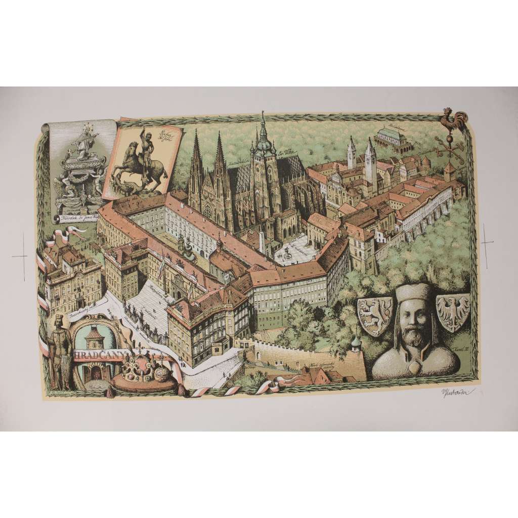 Pražský hrad. Originál 4 barevná litografie (podpis Vojtěch Kubašta)