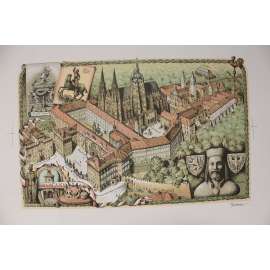 Pražský hrad. Originál 4 barevná litografie (podpis Vojtěch Kubašta)