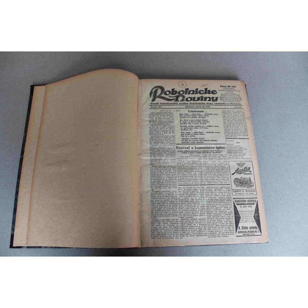 Robotnické noviny 1929, roč. XXVI. (duben-červen) (noviny, deník, první republika, Slovensko, mj. Velikonoce, Gajda odsúdený na dva mesiace do žalára, Srbský hlas o Tukovi, Hlinka dáva zo státnej požičky statitísové kauce za Tuku a Macha)