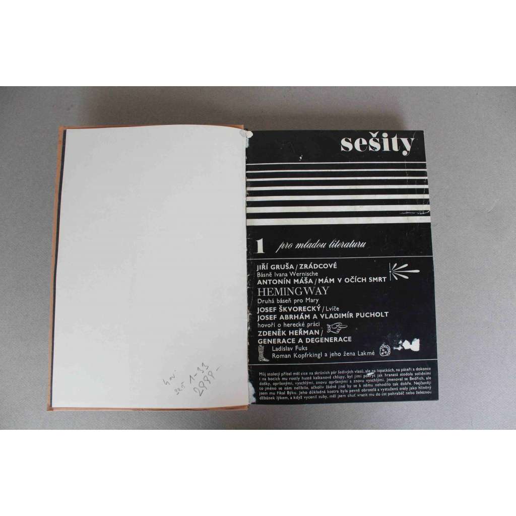Sešity pro mladou literaturu 1966-1968, č. 1-33 (časopis, literatura, poezie, mj. Jiří Kolář - Nemoc poezie, L. Visconti - Mrtvoly; V. Havel - Protokoly; I. Wernisch - P. F. Titin; R. Dahl - Bytná; Sartre - Úvahy o židovské otázce)