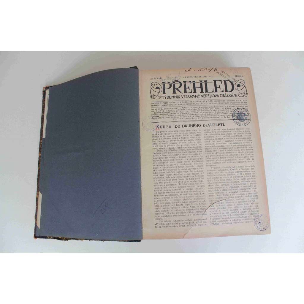 Přehled. Týdenník věnovaný veřejným otázkám 1912-1913, roč. XI (týdeník, politika, umění, mj. Kubismus, Richard Wagner, Jubilejní výstava UB. Monism, Otázka Žižkova pomníku na Žižkově, Boj o Dvořáka, Spor o Suezský kanál)