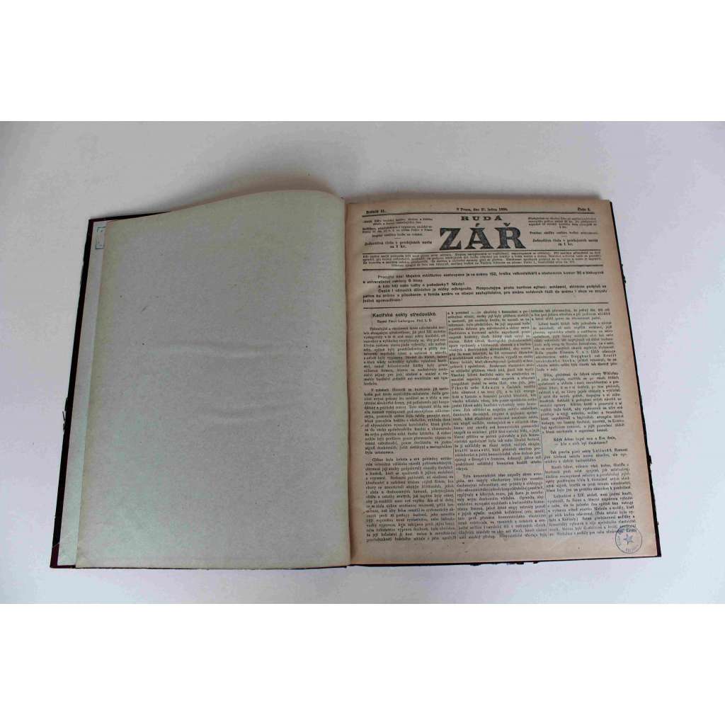 Rudá zář 1898, roč. II. (noviny, čtrnáctideník, mj. Voltaire, Tělocvik a dělnictvo, Rok 1848, Giordano Bruno, Lipanská tragedie, Zrušení roboty, Trápení od smradu, Tyrolské elegie, František Palacký)