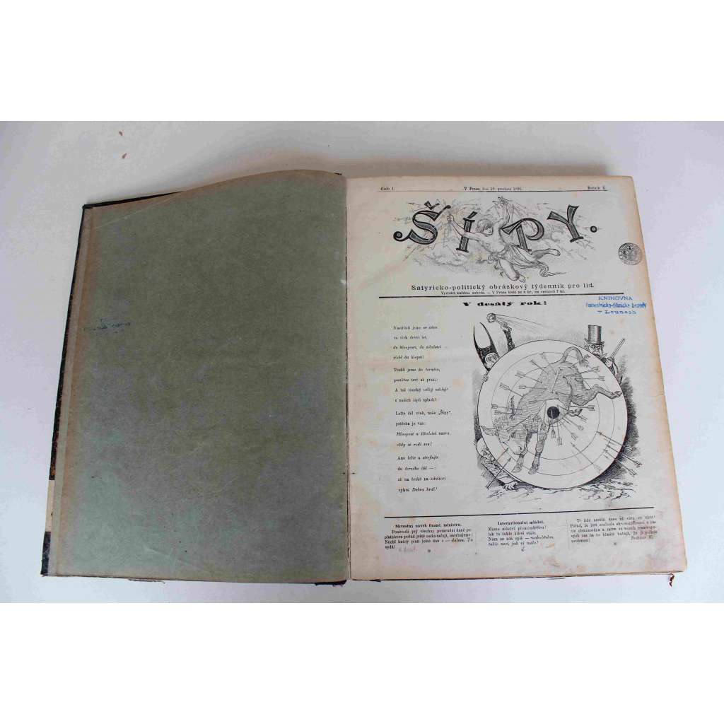 Šípy. Satiricko-politický obrázkový týdenník pro lid 1896-1897, roč. X (časopis, humor, politika, karikatura, mj. Mladočeši, Machar, Badeni, Jak my Němce utiskujeme!, Obrácená biblická historie s Jonášem)