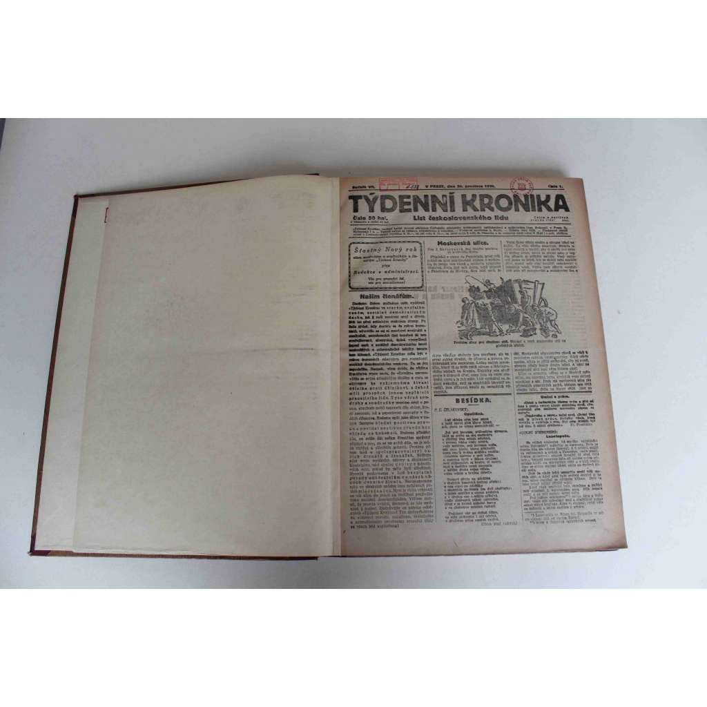 Týdenní kronika. List československého lidu 1920-1921, roč. VII (noviny, týdeník, první republika, mj. Vůdce národa [Masaryk], Arnošt Denis zemřel, Sčítání lidu a odluka církve od státu, Pryč od Říma, Letošní výročí 28. října)