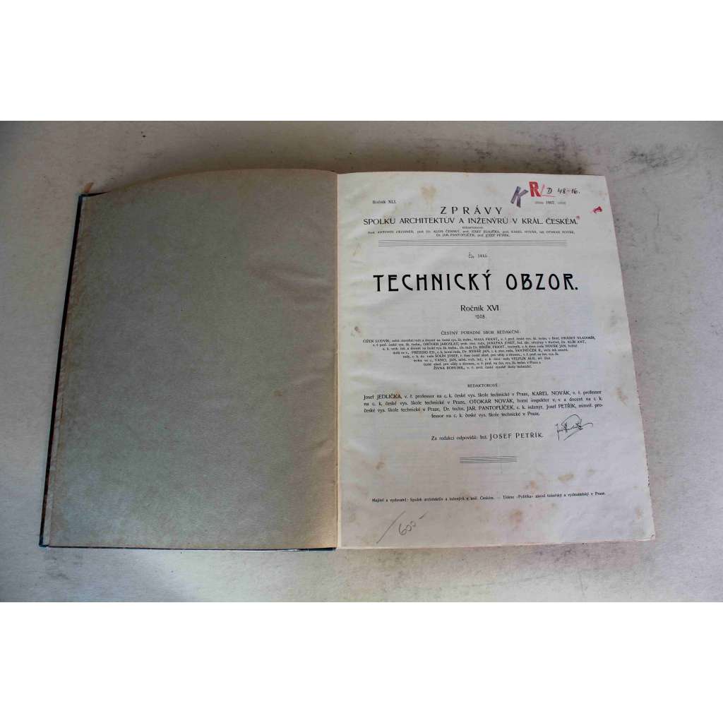 Technický obzor 1908, roč. XVI. (časopis, technika, architektura, mj. Elektrická zařízení zabezpečovací na železnicích, Pohyblivé jezy pro větší volné šířky, Strojní a elektrické zařízení plavidel v Hoříně, Labský člun)