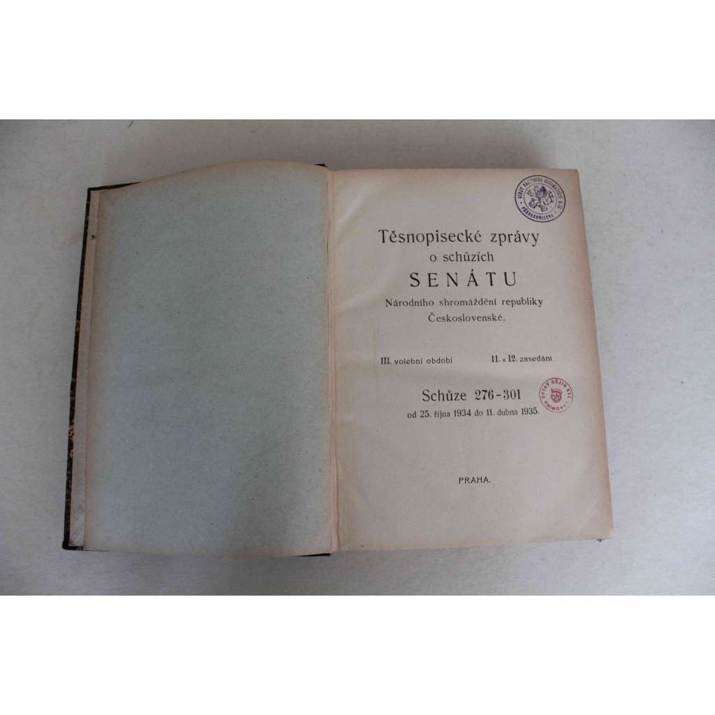 Těsnopisné zprávy o schůzích senátu Národního shromáždění republiky Československé 1934-1935. Schůze 276- 301 (senát, první republika, tisky, zákony, mj. Posmrtné vzpomínky na krále Alexandra I., rozpočet ČSR; polokožená vazba - vazba kůže)