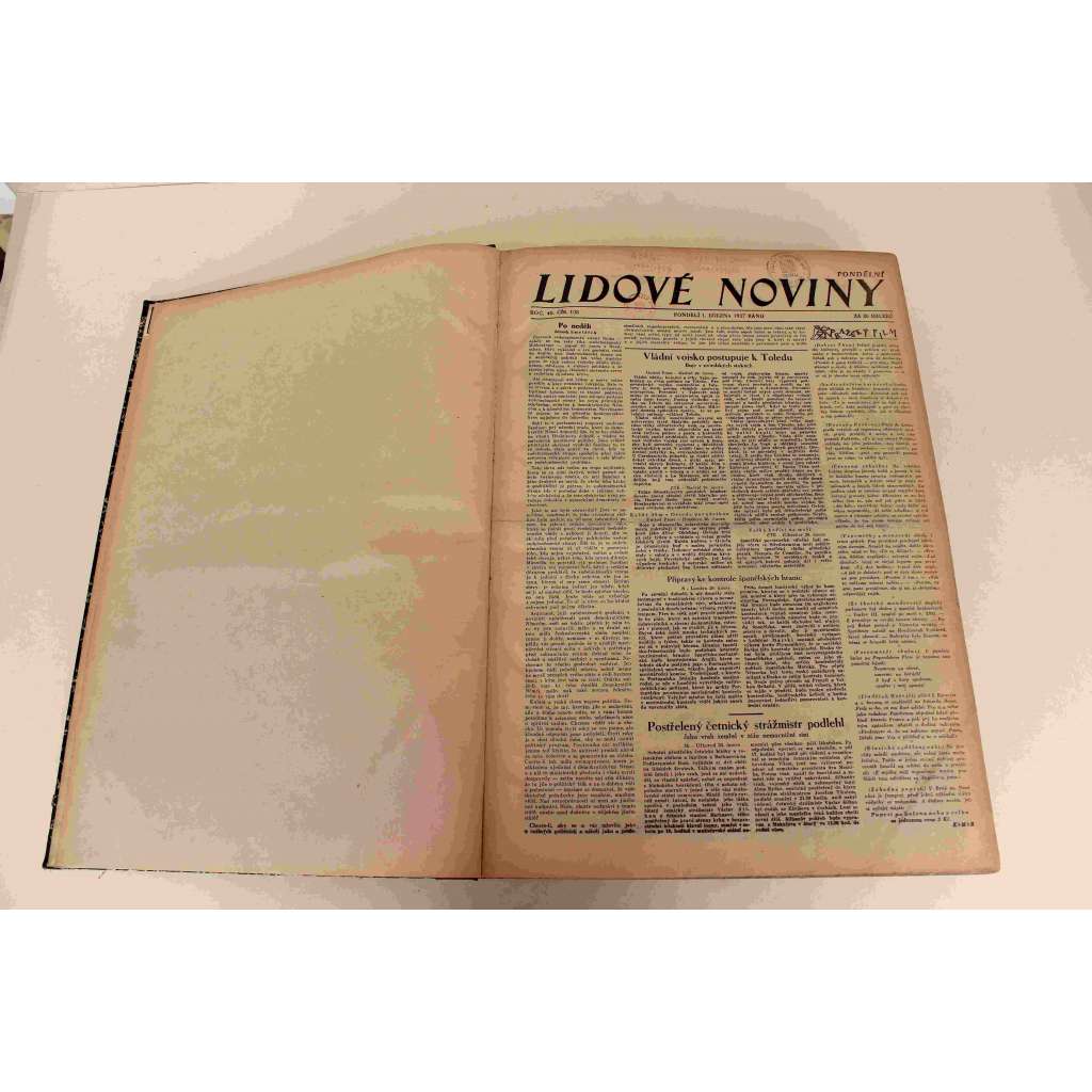 Lidové noviny 1937, roč. 45 (březen-duben) (deník, první republika, mj. Občanská válka Španělsko, President Beneš do Bělehradu, K. Čapek - TGM, První krok k autonomii Podkarpatské Rusi, Krveprolití Guernica, Clarke Gable)