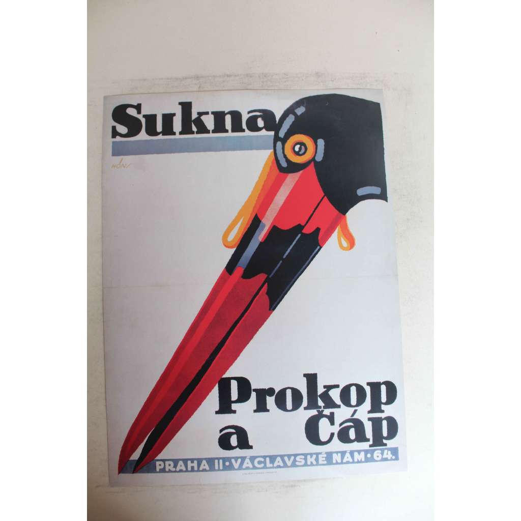 Sukna Prokop a Čáp (barevná litografie 1927) (reklama, reklamní plakát, první republika)