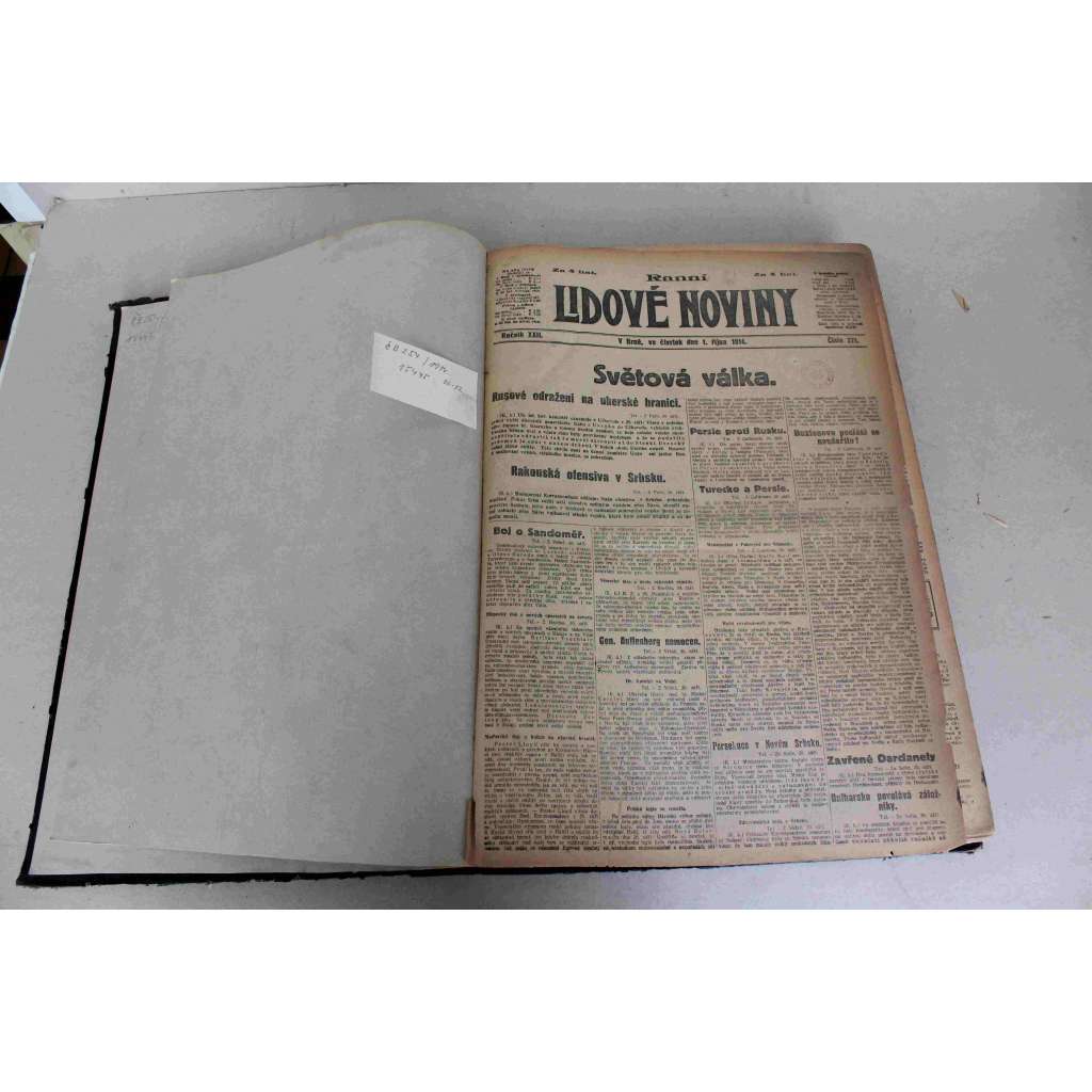 Lidové noviny 1914, roč. 22 (říjen-prosinec) (deník, první světová válka, mj. Rakouská ofensiva v Srbsku, Boje pod Karpaty, Rusové v Uhrách poražení, Bitva na Aisně, Boj u Arrasu, Sarajevský atentát, Boje ve Belgii, Turecko ve válce)