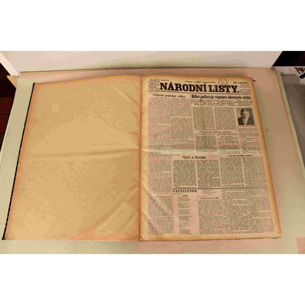 Národní listy 1934, roč. 74 (červenec-září) (noviny, deník, první republika, mj. Hitler potlačuje vzpouru úderných oddílů [Röhm, SA], Hindenburg děkuji Hitlerovi a Göringovi, Hitlerova výhra, Dolfuss zastřelen, Hindenburg úmrtí)