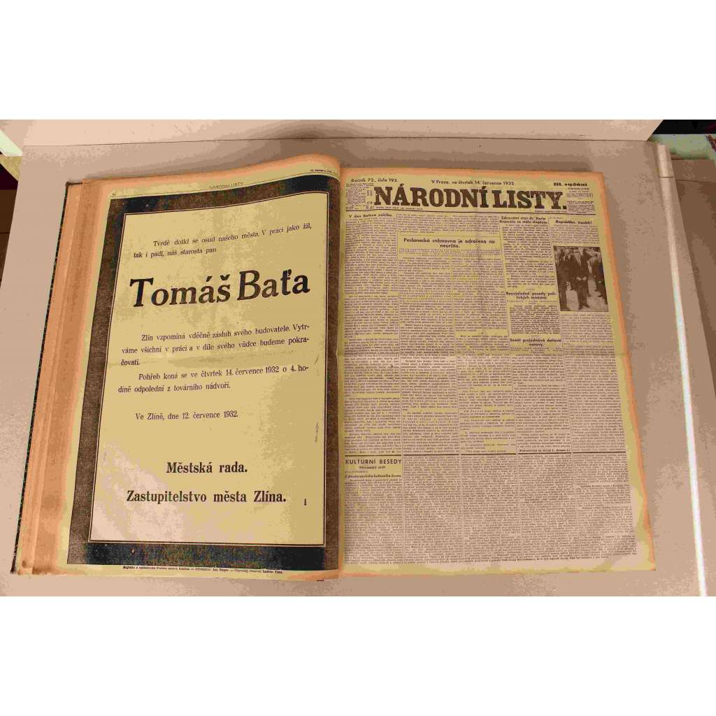 Národní listy 1932, roč. 72 (červenec-září) (noviny, deník, první republika, mj. Tomáš Baťa - úmrtí, Poslední cesta Tomáše Bati, Anglie proti vrácení kolonií Německu, Německá akce pro rovnoprávnost ve zbrojení, Slovanská Praha jásá - sokolský slet)