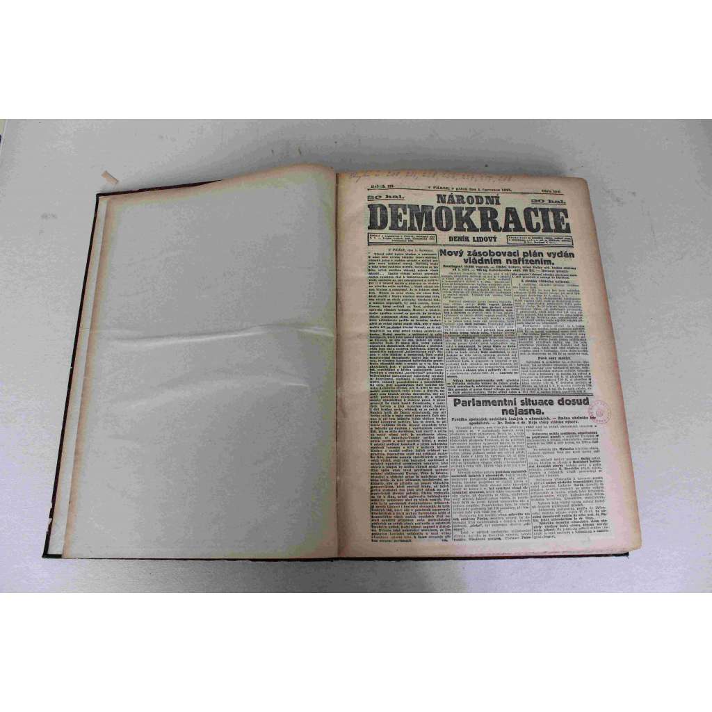 Národní demokracie 1921, roč. IV. (červenec-prosinec) (noviny, deník, první republika, mj. Úspěchy Německa, Jiráskovy dny v Náchodě, Hlad v Rusku, Smrt krále Petra, Nevolitelnost Habsburků, Excísař Karel přiletěl aeroplánem do Šoproně)