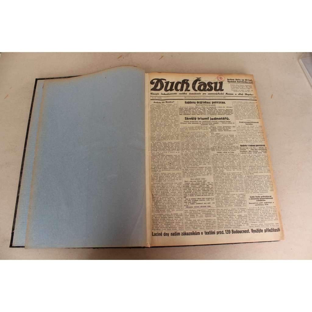 Duch času 1930, roč. XXXII. (noviny, první republika, Ostravsko, mj. Gajdova degradace potvrzena [Gajda], Mussoliniho snaha o spojenectví s Německem, Slavná cesta presidenta republiky Těšínskem, Vesuv opět soptí, Německo dnes volí říšský sněm)