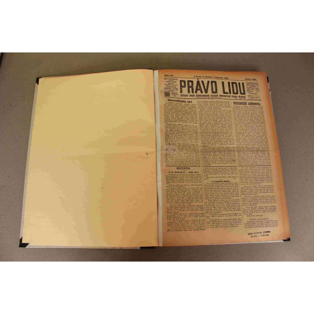Právo lidu 1923, ročník XXXII (listopad) (noviny, deník, první republika, sociální demokracie mj. Pivní puč [Hitler, Ludendorff], Problémy evropské politiky, Vilém se vrací do Německa!, Wilsonovo poselství, Objevení hrobu Tutanchamona)