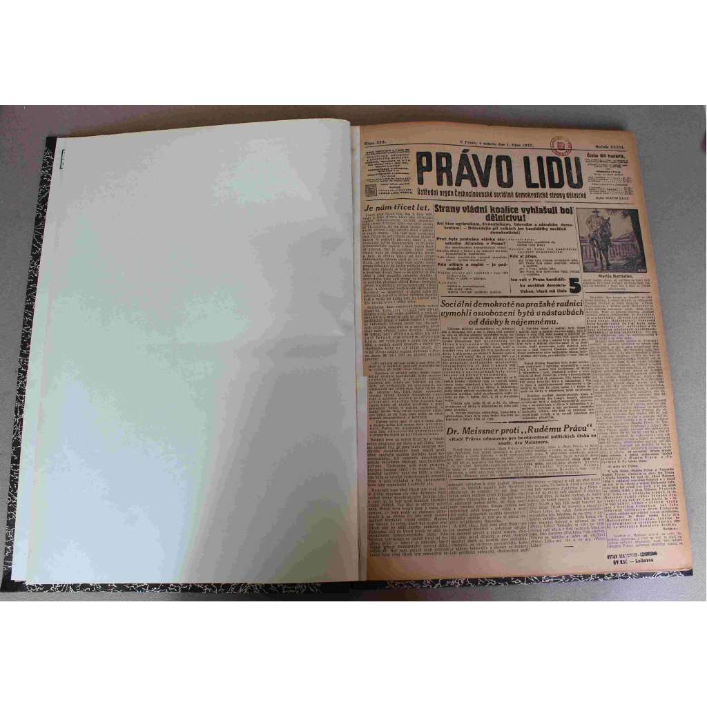Právo lidu 1927, roč. XXXVI. (říjen) (noviny, deník, první republika, sociální demokracie, mj. Kolébka Práva lidu, F. V. Krejčí - 60 let, O knížete Václava, Velký veřejný voličský projev, Dnes hlasy čes. sociální demokracii!)