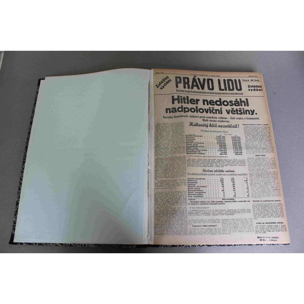 Právo lidu 1932, roč. XLI (srpen) (noviny, deník, první republika, sociální demokracie, mj. Hitler nedosáhl nadpoloviční většiny, A Hitler přece nezvítězil; Vraždy, atentáty, požáry; Hitlerovský teror se šíří, Vojenský puč ve Španělsku)