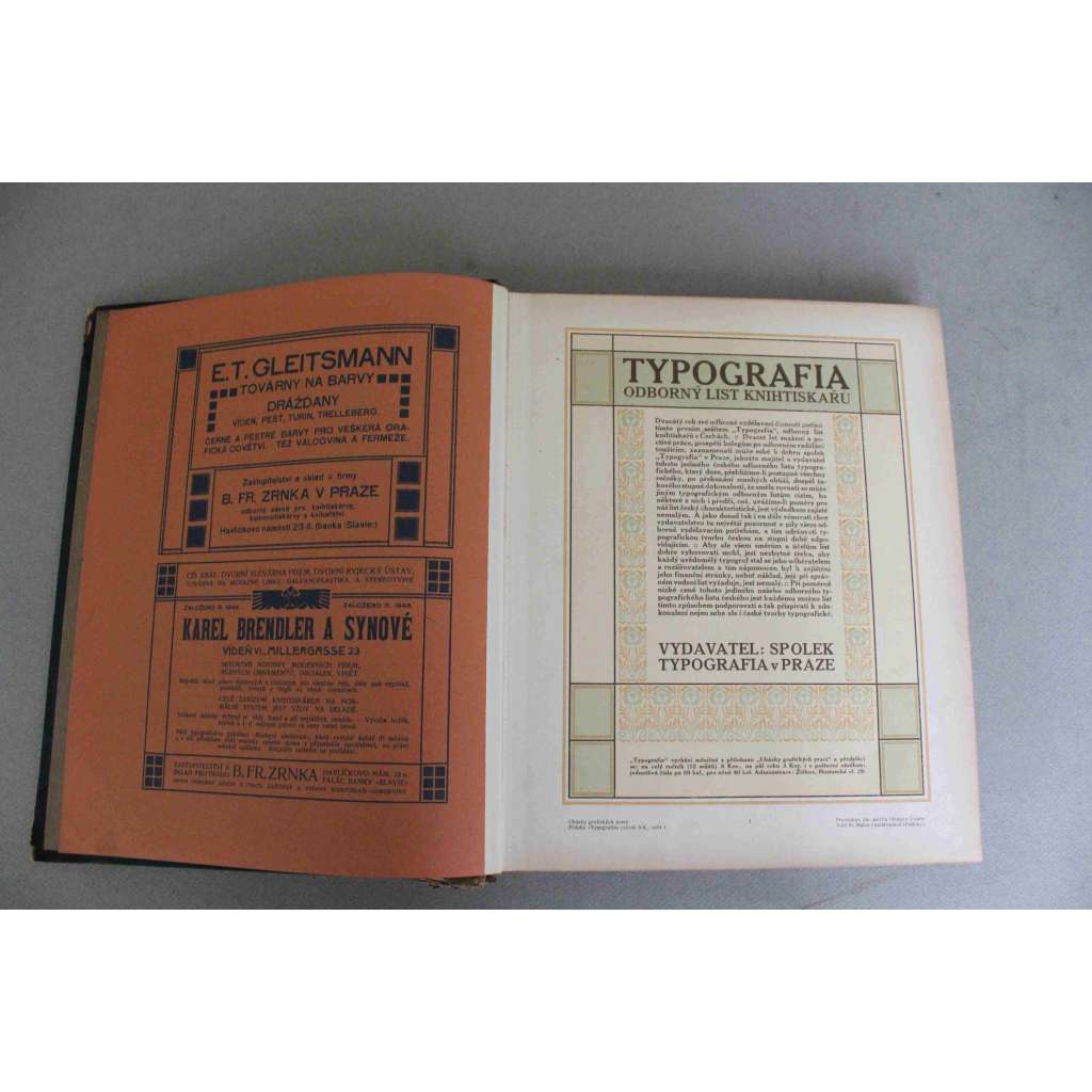 Typografia. Ročník XX.(20.) 1909. Odborný list knihtiskařů (časopis, typografie, mj. K. Dyrynk - Moderní dřevoryt; Grafické učiliště v Praze; Německočeské názvosloví knihtiskařské; F. Kellner - Ornament a jeho vývoj)