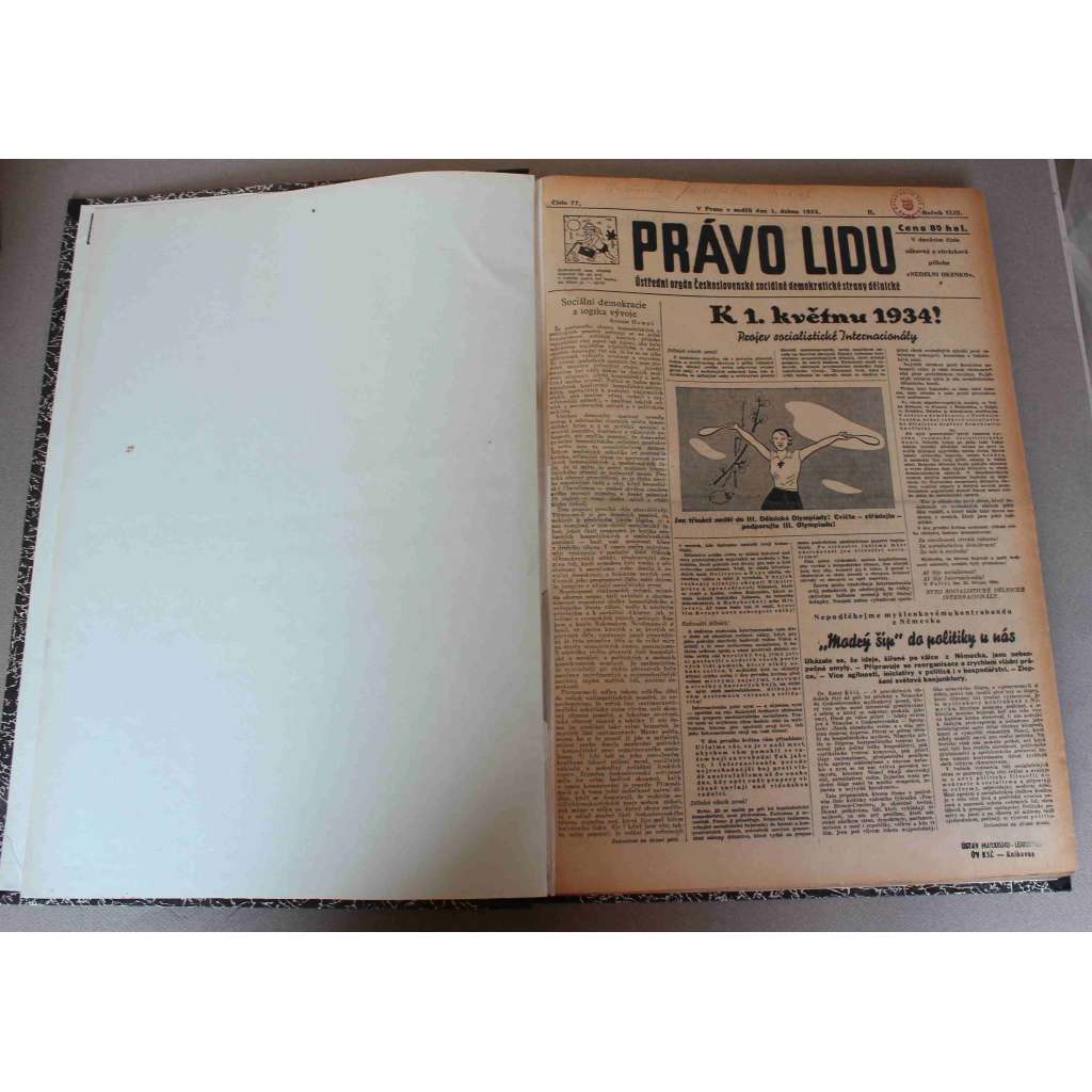 Právo lidu 1934, roč. XLIII (duben) (noviny, deník, první republika, sociální demokracie, mj. Dělnická Olympiada; Masaryk, Mussolini a Hitler o válce; Nezaměstnanost klesá, Singapur, Ministr Barthou v Praze)