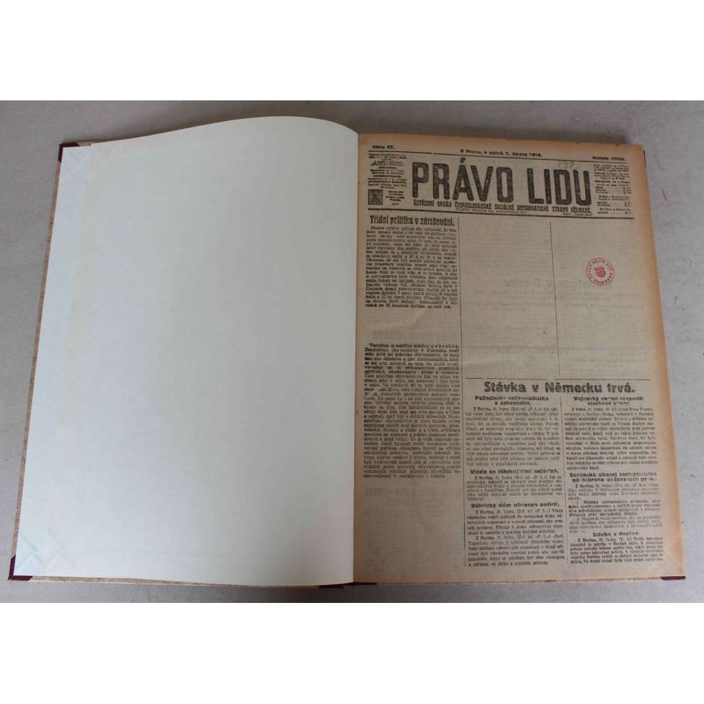 Právo lidu 1918, roč. XXVII (únor) (noviny, deník, první světová válka, sociální demokracie, mj. Stávka v Německu trvá, Ultimatum Trockému a ujednání míru s Ukrajinou?, Ruský komunism, Válečný stav s Ruskem prohlášen za ukončený) Právo lidu 1918, roč. XXVII (únor) (noviny, deník, první světová válka, sociální demokracie, mj. Stávka v Německu trvá, Ultimatum Trockému a ujednání míru s Ukrajinou?, Ruský komunism, Válečný stav s Ruskem prohlášen za ukončený)