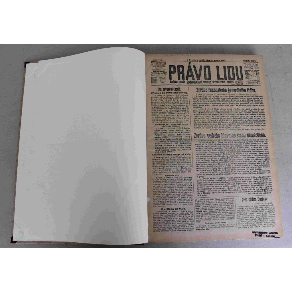 Právo lidu 1915, roč. XXIV (srpen) (noviny, deník, první světová válka, sociální demokracie, mj. Na bojištích, Ústup Rusů, Varšava obsazena - Pád Ivangorodu, Před válkou Italie s Tureckem, Pád Litevského Brestu)
