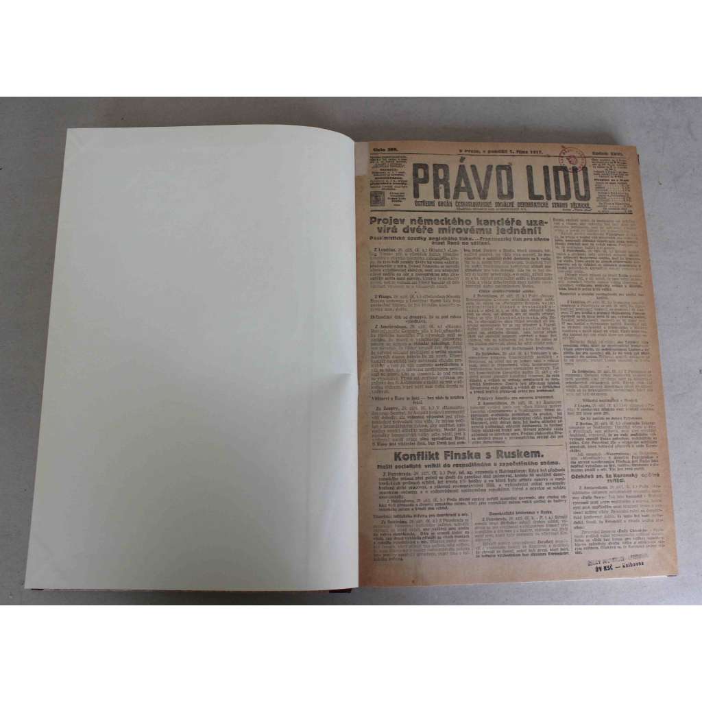Právo lidu 1917, roč. XXVI (říjen) (noviny, deník, první světová válka, sociální demokracie, mj. Konflikt Finska s Ruskem, Část míru hotova, Až do zničení pruského militarismu, Protiitalská ofensiva, Po návratu dra Kramáře)