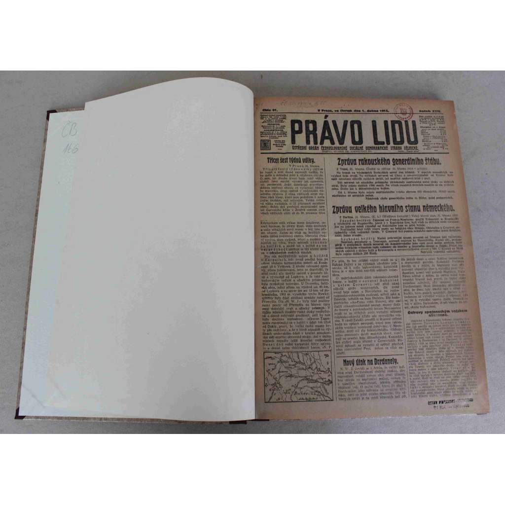 Právo lidu 1915, roč. XXIV (duben) (noviny, deník, první světová válka, sociální demokracie, mj. Útok na Dardanely, Karpatská bitva, Bitva mezi Mósou a Moselou, Akce proti falšovatelům chleba, Ypry v ohrožení, Bitva u Ypres)