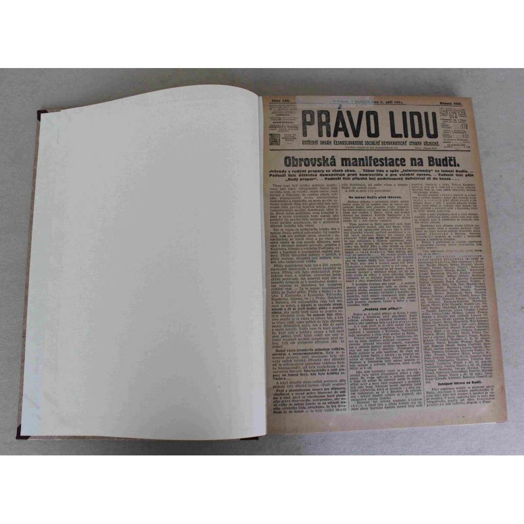 Právo lidu 1913, roč. XXII (září) (noviny, deník, Rakousko Uhersko, sociální demokracie, mj. Obrovská manifestace na Budči, Krveprolití v Irsku, Manifestace u mohyly lipanské, Válka Albánců proti Srbsku, Cholera v Praze, Mánesův most)