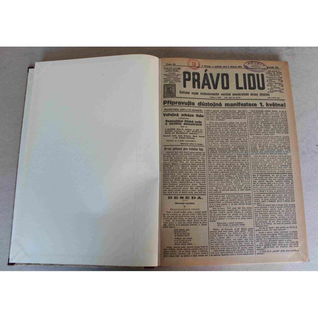 Právo lidu 1911, roč. XX (duben) (noviny, deník, Rakousko Uhersko, sociální demokracie, mj. Vzhůru do voleb!, Povstání v Albánii, Josef Schuster úmrtí, První květen 1911, Revoluce v Maroku)
