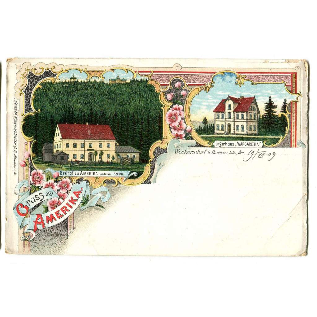 Křinice, Weckersdorf, Broumov, Náchod; hospoda Amerika, litografie