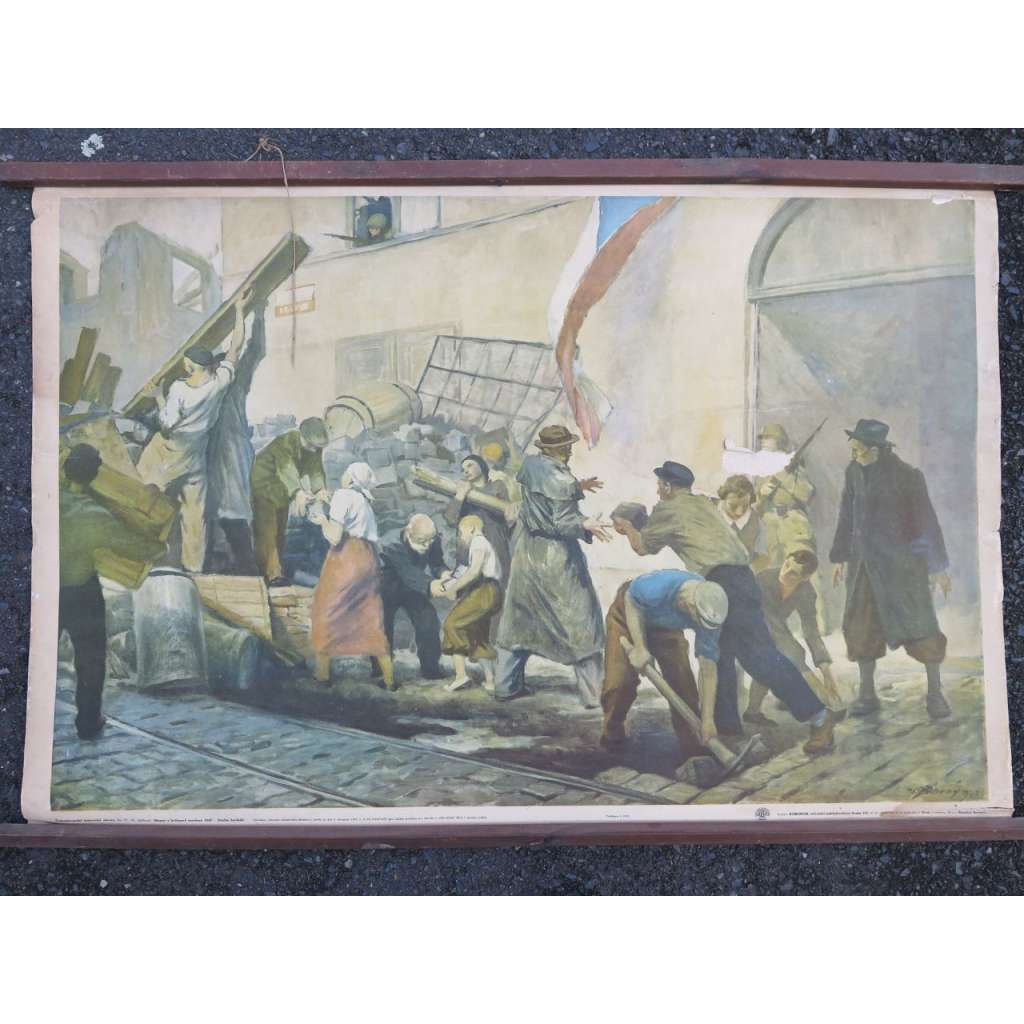 Pražské květnové povstání, květen 1945 - barikáda - školní plakát, výukový obraz [stavba barikád, 2. světová válka] (poškozeno)